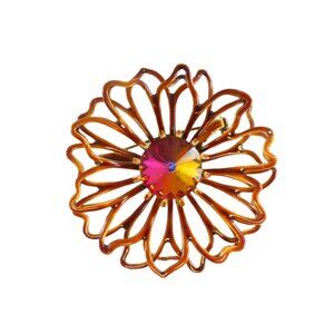 Vintage Enameled Flower Brooch with Rhinestone Center Rivoli 2 1/4"